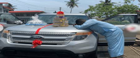 The comedian sheds tears of joy as he gets a new car from a fan he has never met